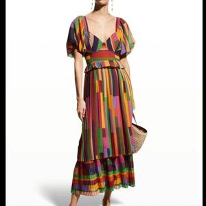 Farm Rio Yellow Printed Stripes Blouson Sleeve Pleated Dress Sweatheart Size M